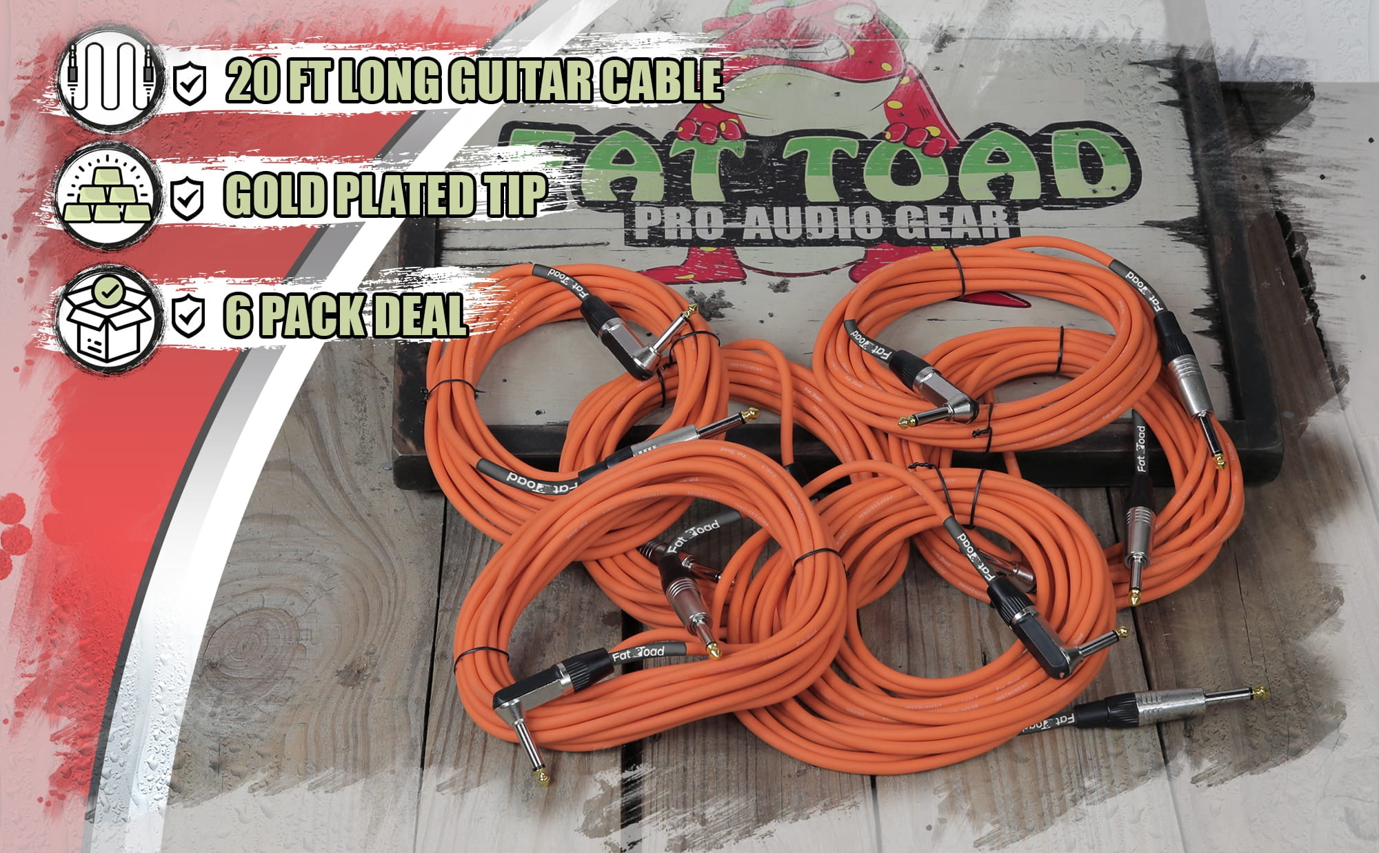 Guitar Cables (6 Pack) Right Angled Instrument Cord by Fat Toad 20FT 1/4 Quarter Inch Straight-End 20 GA Wires for Electric Guitar Pedal, Bass, Keyboards, Speaker Amplifier & Audio Studio Recording