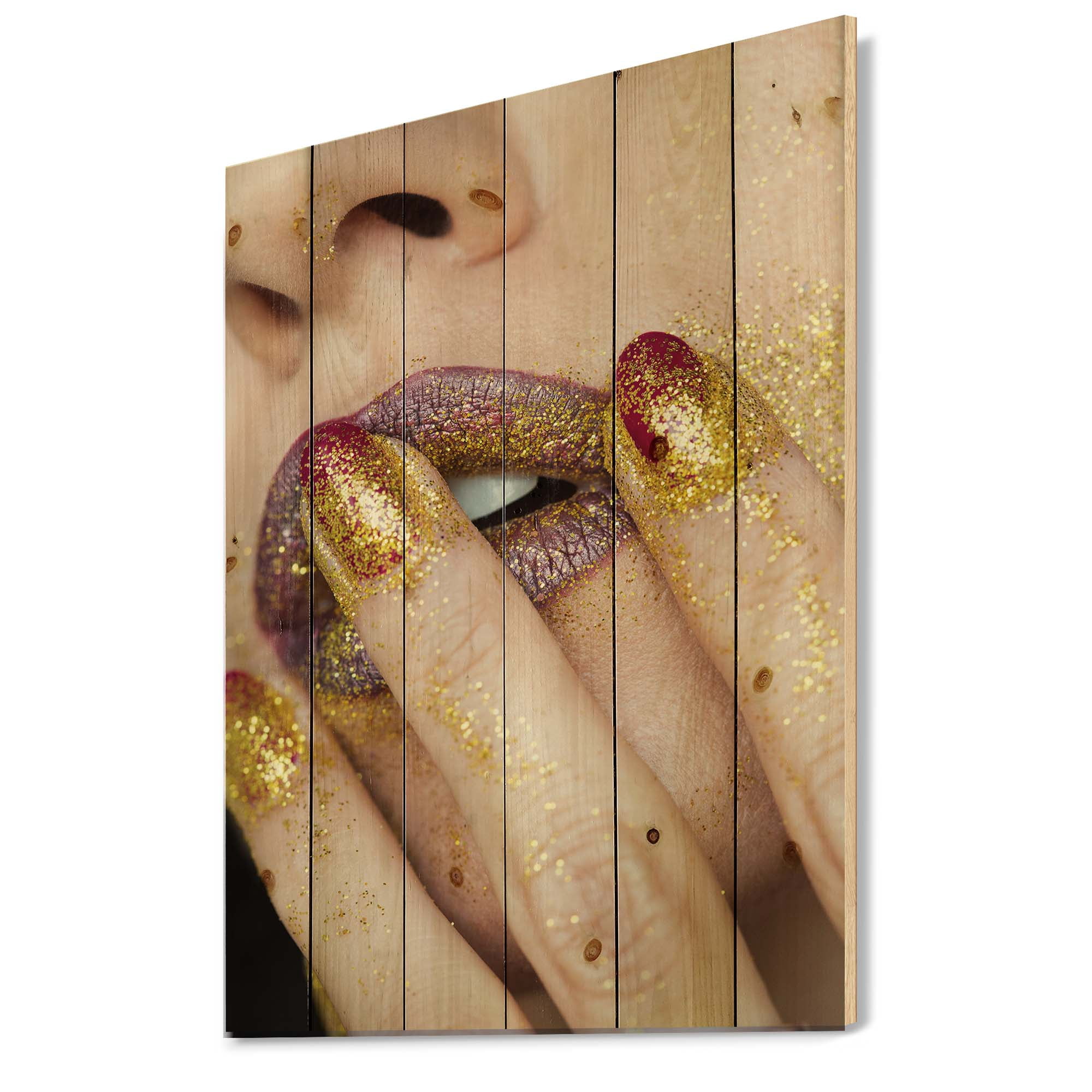 Designart 'Close-Up Of Woman Golden Gold Glitter Lipstick' Modern Print on Natural Pine Wood