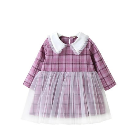 

Kids Baby Girls Long Sleeve Plaid Printed Patchwork Tulle Dress Princess Dress Outfits Clothes