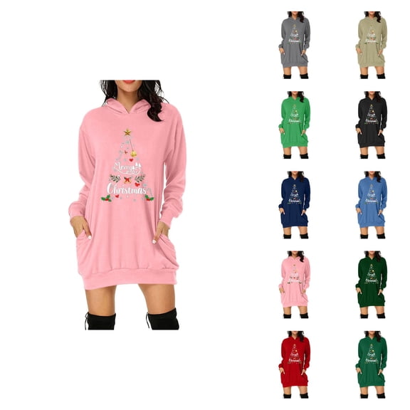 Merry Christmas Long Hoodies for Women 2025 Long Sleeve Xmas Tree Graphic Hooded Sweatshirt with Pockets Hoodie Dress