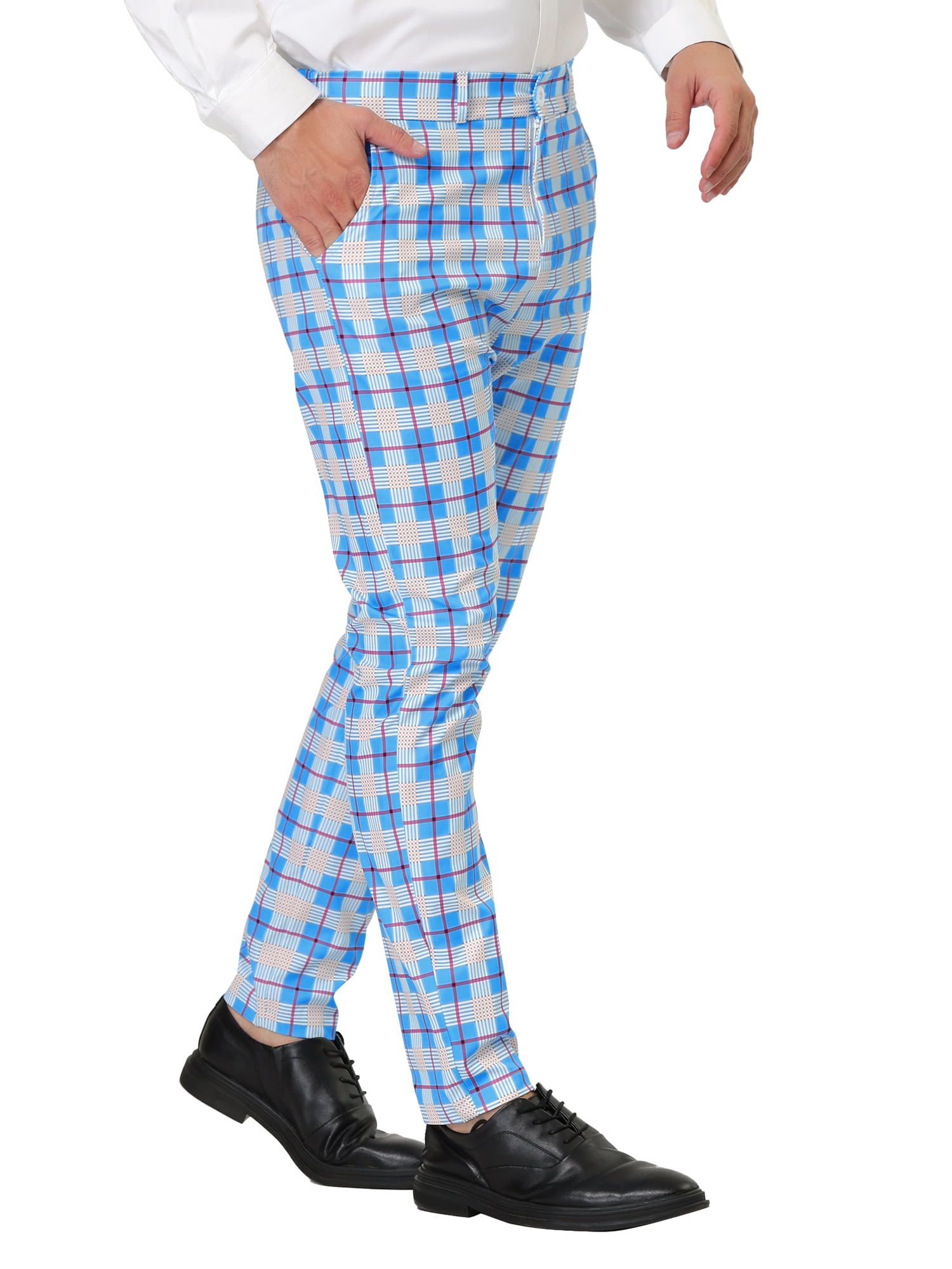 Unique Bargains Men's Formal Color Block Slim Fit Flat Front Plaid Pants 30 Gray Blue