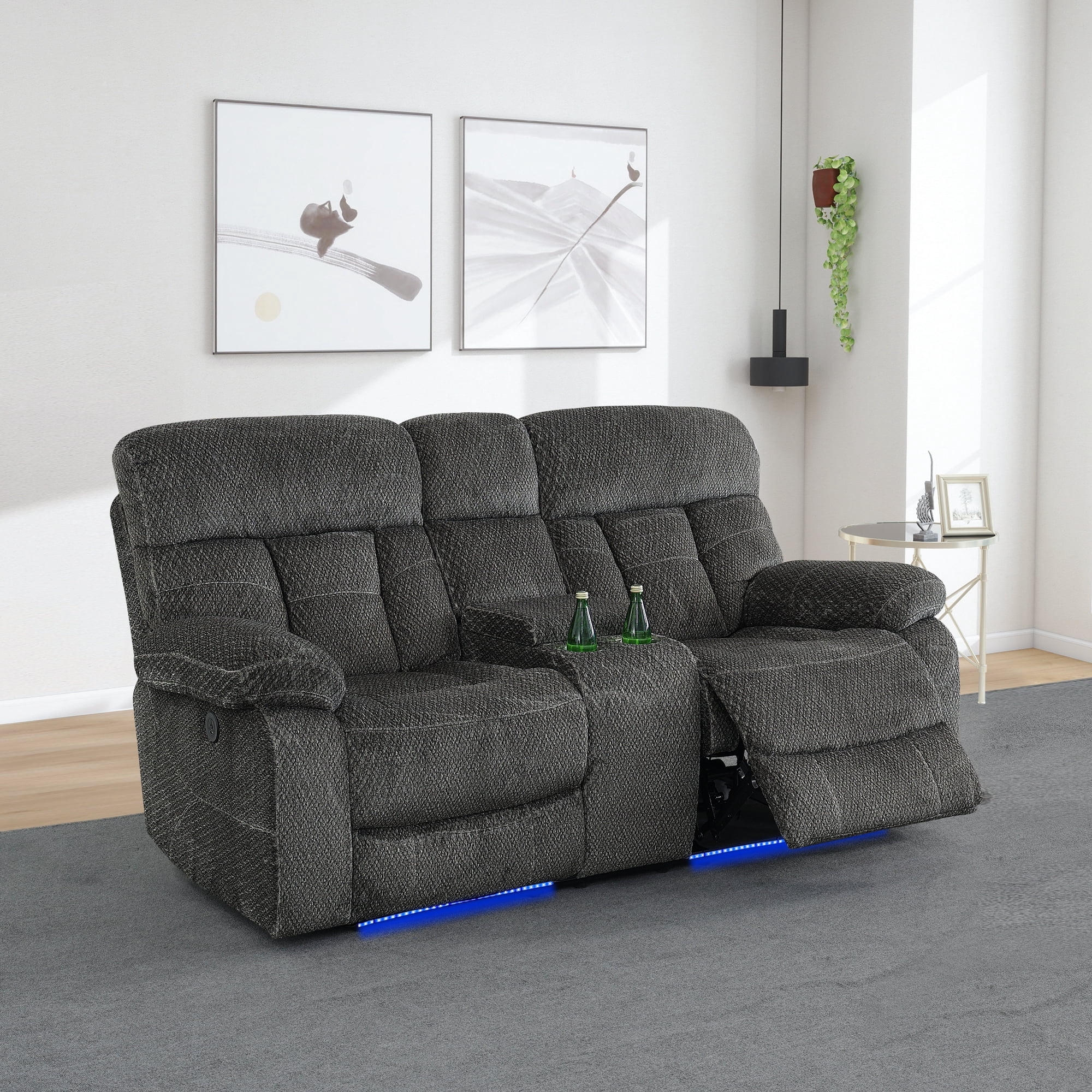 Gewnee Power Recliner Loveseat, LED Ambient Lights, Built in USB & Type‑C Ports, Hidden Storage, Home Theater Seating with Cup Holders, Flocking‑Grey