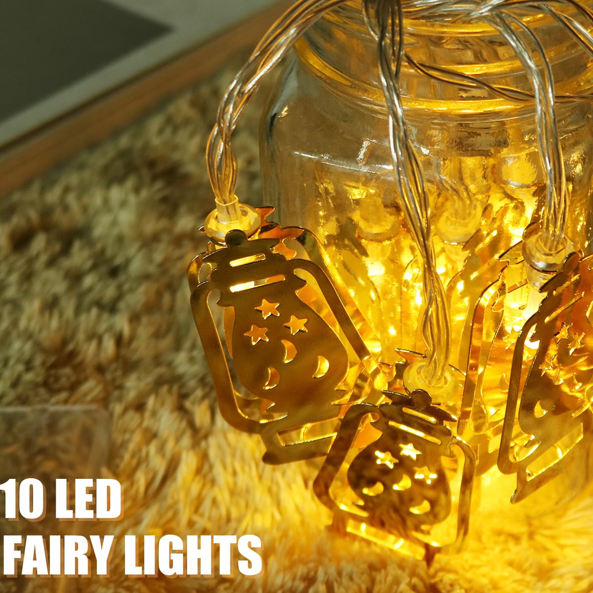 Islam Eid Ramadan Light Home Decor 10 LED String Golden Fanoos Lantern Battery 