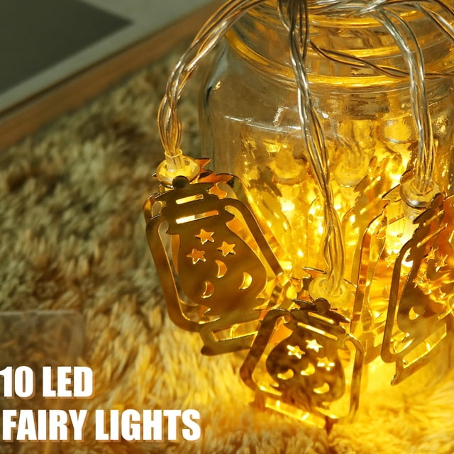 10 LED Islamic Muslim String Lights Eid Ramadan Decoration Golden Fanoos Lantern Battery Powered Gifts