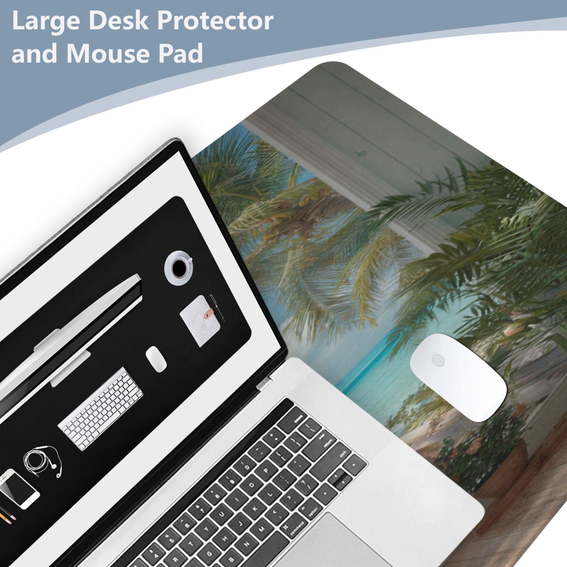 Leather Desk Pad Protector Mouse Pad Laptop Desk Mat Non-Slip Waterproof for Office and Home Giant Golden Whale Palm Trees and Ocean