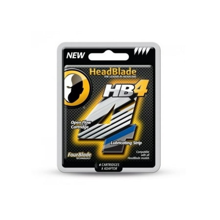 HeadBlade HB4 Refill Razor Blade Cartridges with Lubricating Strip, Four Blade Technology, 4 Count with 1 Adapter