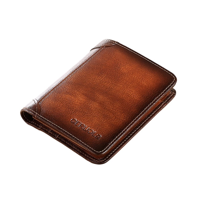 Genuine Leather Men Wallet Small ID Credit Card Holder Trifold Pocket Retro Bifold Short Multi-Function Purse Money Brown Three-folding
