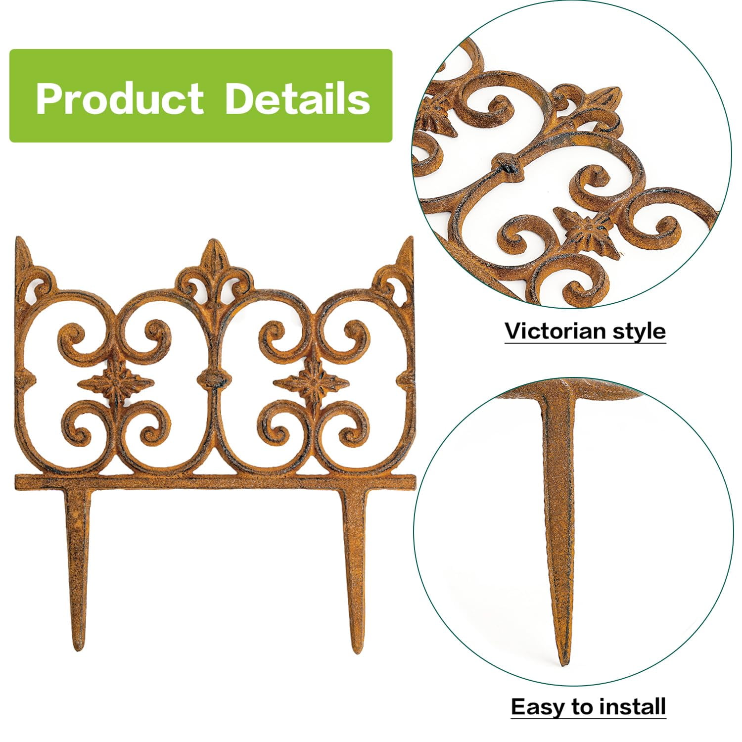 Sungmor 10.6" x 10" Cast Iron Garden Border Edging, Rust, Landscape Decor, 4 Count