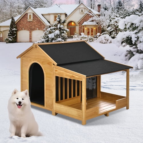 Large Outdoor Dog House with Insulated Liner for Winter Waterproof Dog Kennel for Medium & Large Dogs with Porch Asphalt Roof Elevated Floor, Natural