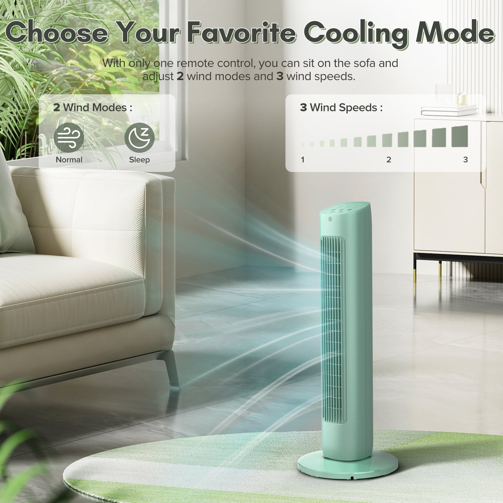 KISSAIR 31" Compact Tower Fan for Bedroom – 85° Oscillating, 3 Speeds, Normal/Sleep 2 Modes, 15H Timer, LED Display & Remote, Portable Bladeless Fan, Green
