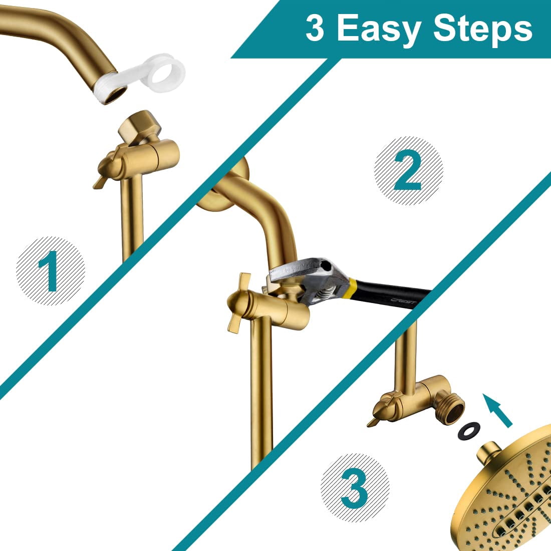 BRIGHT SHOWERS Brass Shower Head Extension Arm for Rain and Handheld Shower Head, 10 Inch Universal Shower Head Extender, Height & Angle Adjustable, Brushed Gold