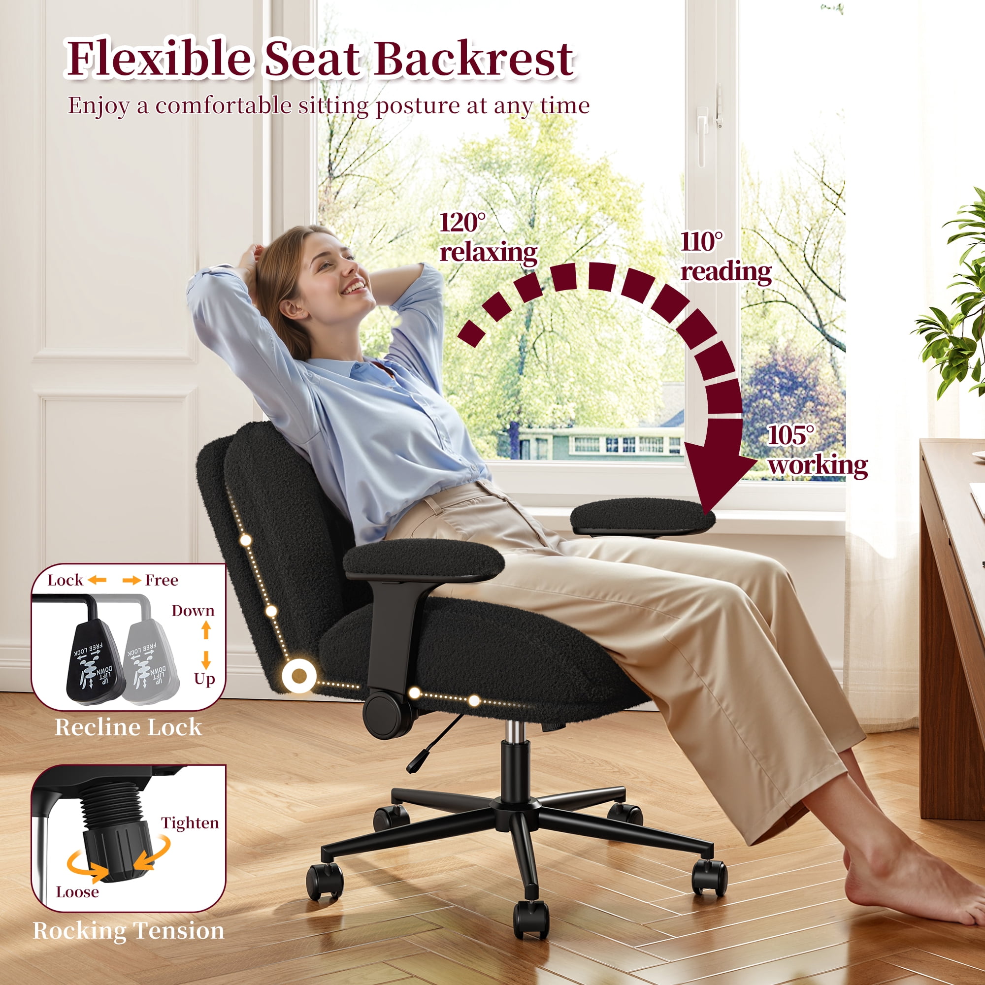 Romorgniz Criss Cross Chair with Adjustable Arms & Lumbar Support Office Chair with Reclining Back, Thick Cushion & Wheels for Office, Gaming, Reading, Black
