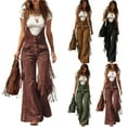 thumbnail image 7 of qucoqpe Overalls for Women Vintage Western Cargo Sleeveless Tassel Jumpsuits High Waisted Wide Leg Fringe Romper with Pockets Adjustable Straps, 7 of 7