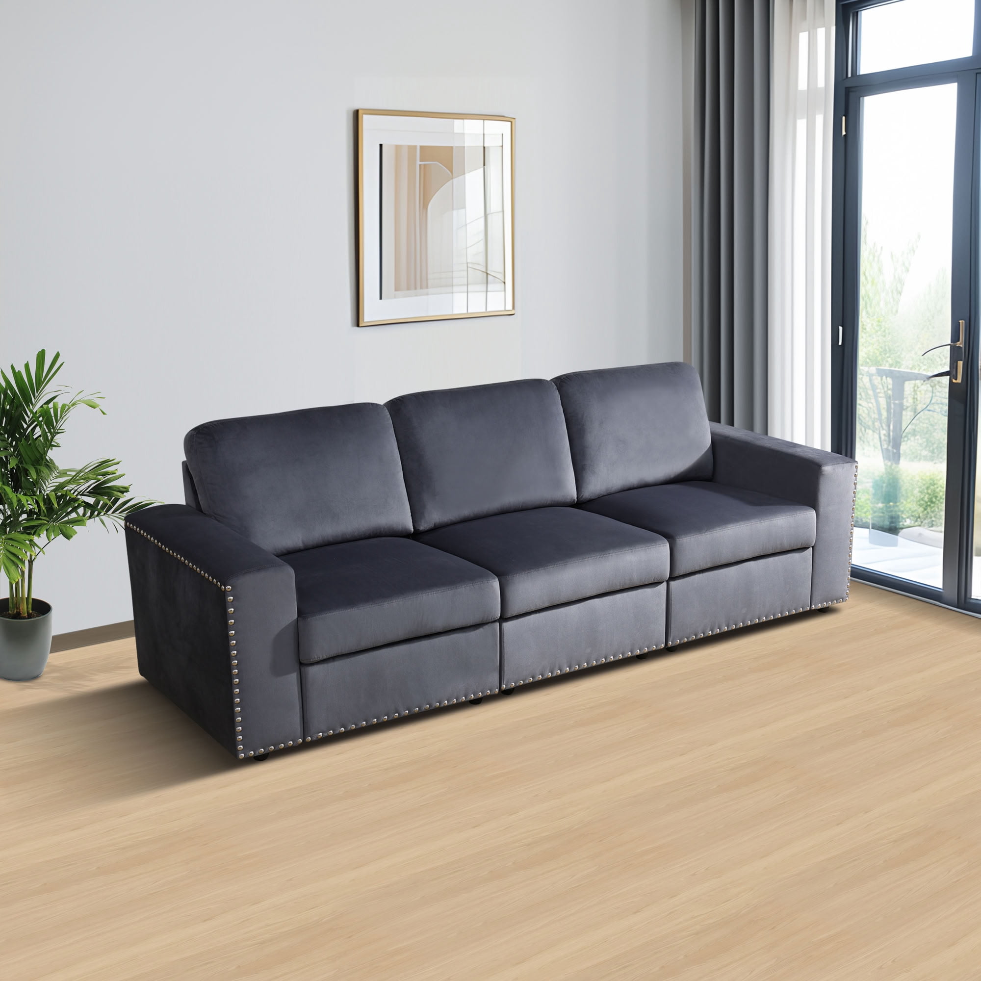 MAYEERTY Modular Sectional Sofa, Flocking Fabric Couch with Nailhead Trim & Anti-Insect Frame, for Living Room, Dark Grey