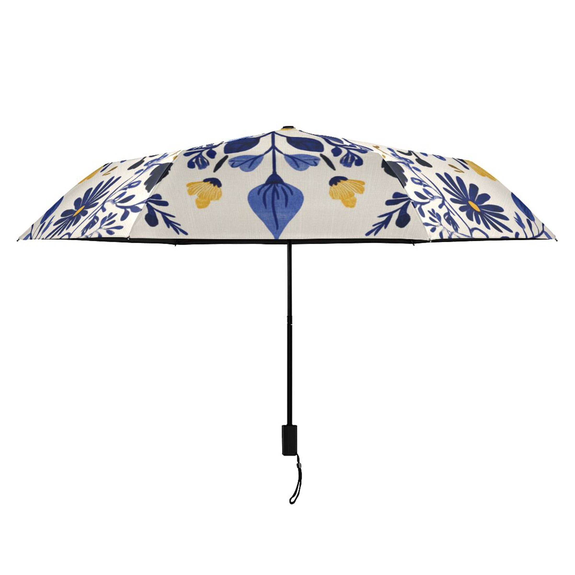 Dark Blue and Yellow Flowers Symmetrical All Weather Umbrella Triple Folding Parasol 6 Ribs UV Protection Portable
