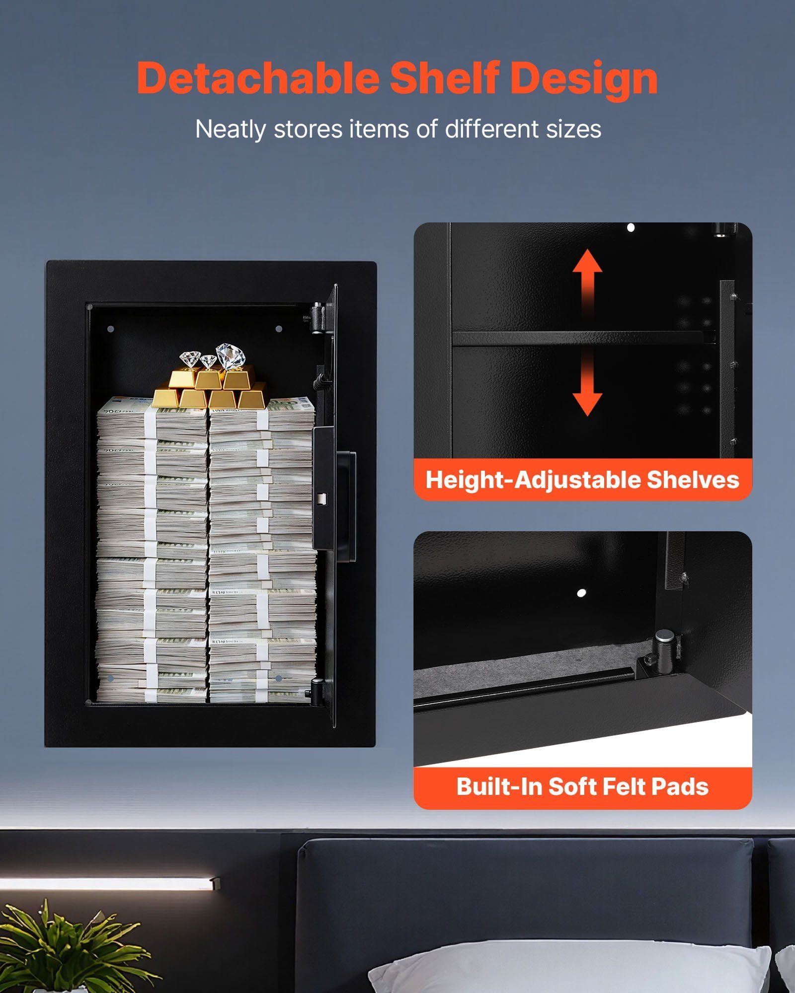3 Tier Hidden Wall Safe with Fingerprint Password Key Turning Knob Q235 Cold Rolled Steel In Wall Box Adjustable Shelves Key Holders for Money Jewelry Passport Document