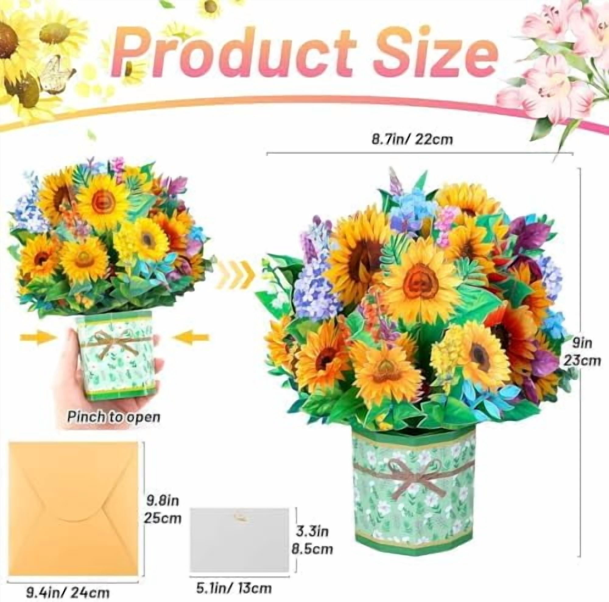 4Pack Paper Flower Pop Up Cards, Flower Bouquet Card Popup 3D Greeting Cards for Mother's Day, Graduation, Anniversary, Birthday, Congratulations, Get Well, Home Decor, with Envelope and Note