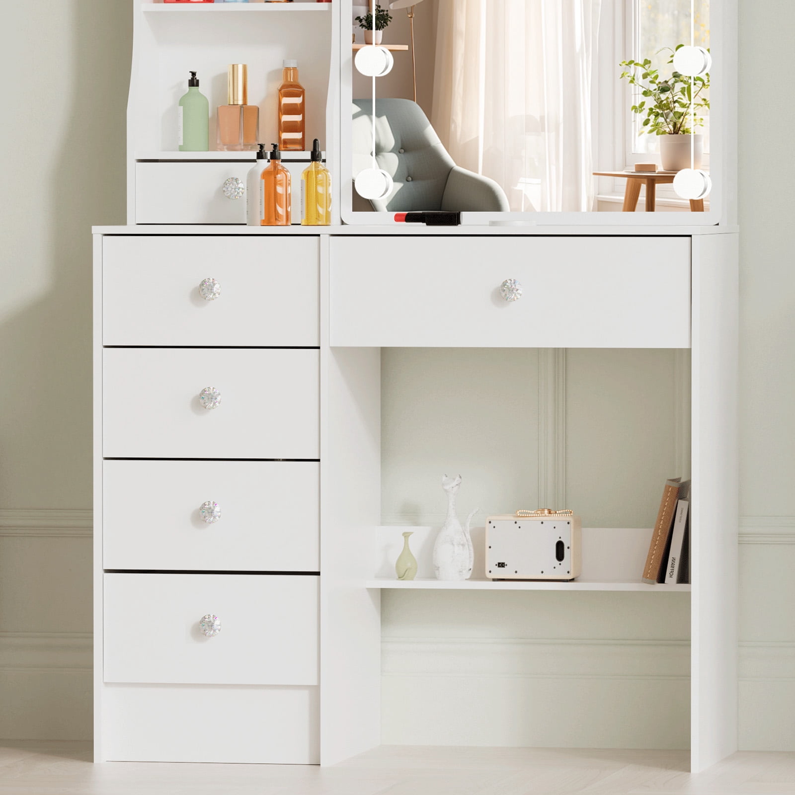 Caulitar Vanity Set with Mirror & Lights, Adjustable Brightness, Makeup Vanity with Chair and Storage, White