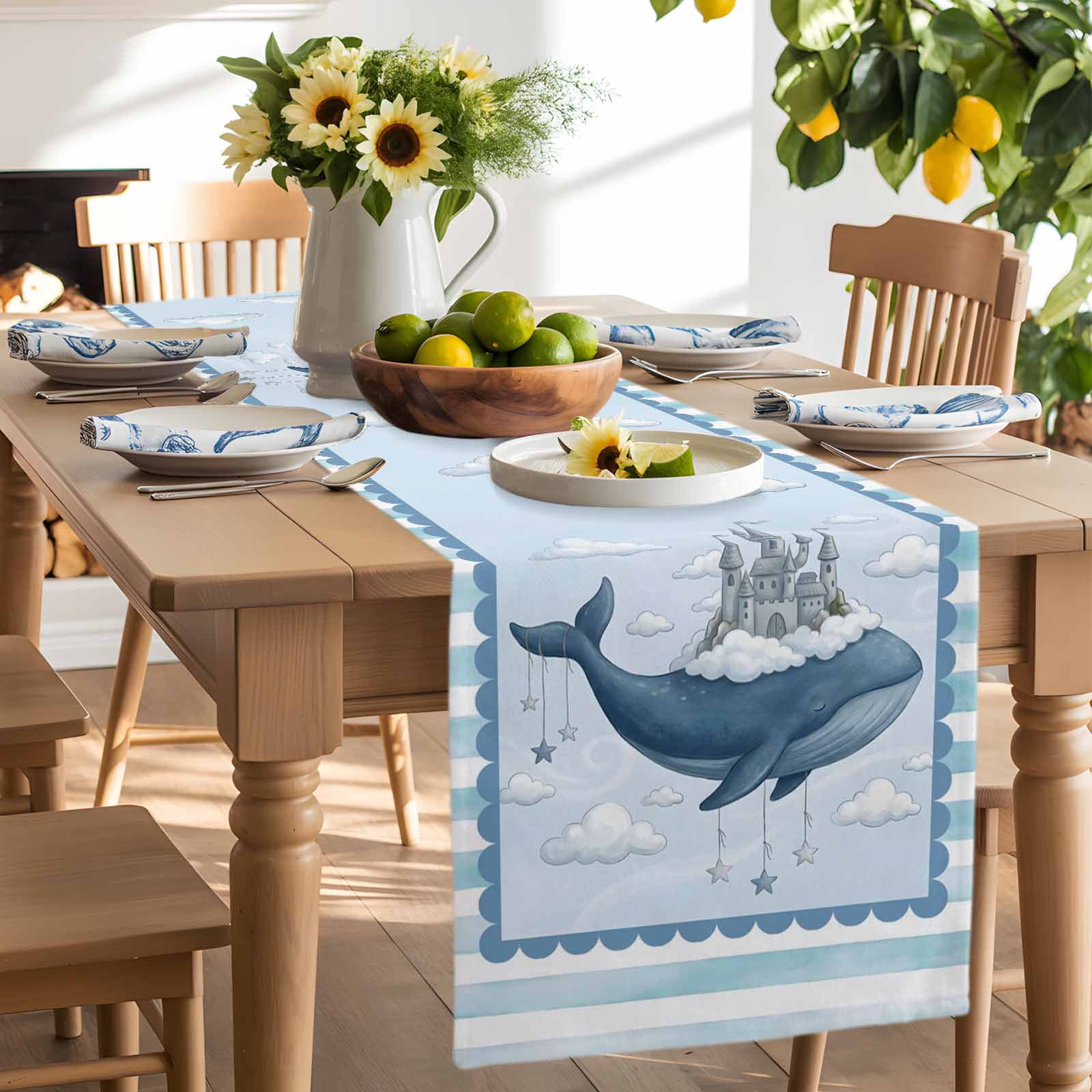 Burlap Table Runner 70 Inches Long,Ocean Whale Castle Cloud Sky Non-Slip Kitchen Table Runners for Dining Room Everyday Use Party Table Decorations Blue Theme Stripe