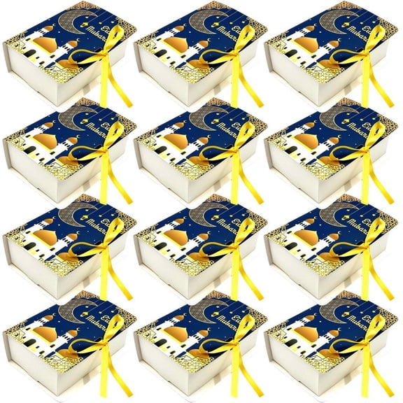Jiibva 12Pcs Eid Mubarak Boxes, Book Shape Eid Favour Boxes, Small Paper Eid Gift Boxes for Islamic Muslim Eid Mubarak Gifts Candy Chocolate Box Decorations
