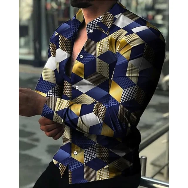 2024 nueva moda masculina social de lujo de bola de manga larga de solapa de un solo pecho camisa de impresión casual de diseñador para hombres ropa superior