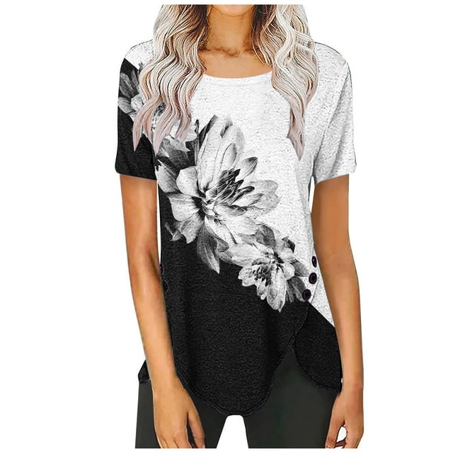 Birdeem Blouse Décontractée pour Femmes à Boutons Imprimés Manches Courtes Col Rond T-Shirt