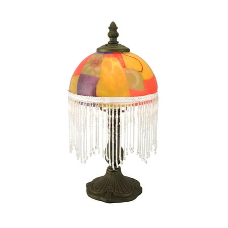 Metal Candlestick Style Accent Lamp W Bead Fringe Colorful Glass Metal Candlestick Style Accent Lamp W Bead Fringe Colorful Glass Shade