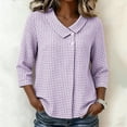 thumbnail image 4 of Miqool Cotton Linen 3/4 Sleeve Button Down Shirts for Women Summer Gingham Plaid Striped Tops Collared Casual Loose Blouse, 4 of 6