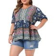thumbnail image 4 of Agnes Orinda Women's Plus Size V Neck Lantern Short Sleeves Tops Summer Floral Peplum Boho Blouses 3X Deep Blue, 4 of 6