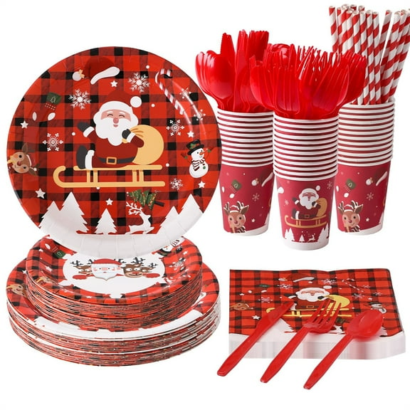 WSBArt 192 PCS Christmas Decoration Party Supplies, 24 Disposable Paper Plates,Cups,Straws,Napkins,Knives,Forks And Spoons Dinnerware Sets for 24 Guests Red Plaid Santa Claus Design Plastic Print