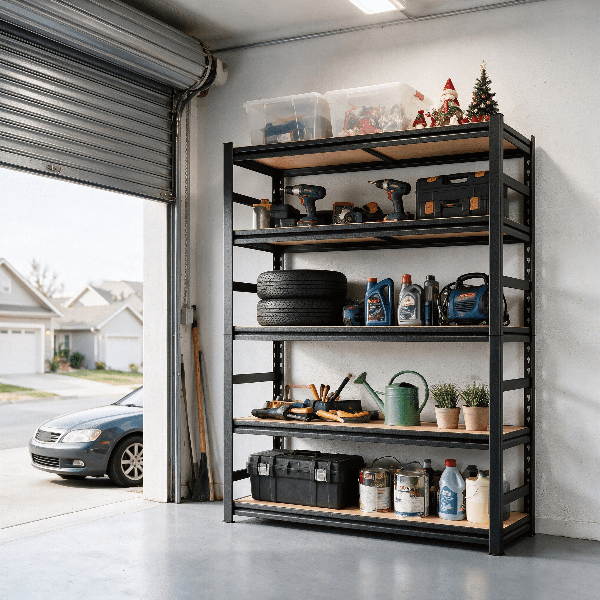Astoutdoor 5-Tier Adjustable Storage Shelving Unit, Black Wood and Metal, 63 in High, Disassembles into Two Units