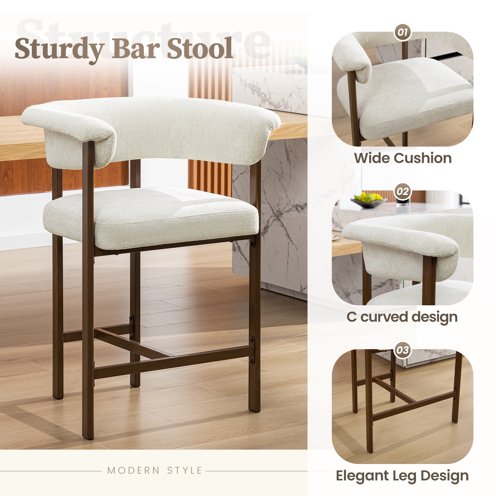 COOLHUT 26" Barrel Bar Stool, Counter Height Bar Stool with Linen Fabric, Upholstered Barstools for Kitchen Island or Home Bar, 1 Piece, Beige