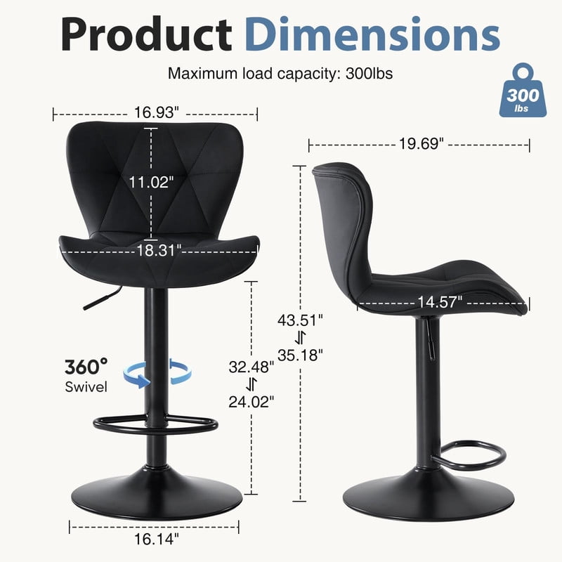 Kelno Swivel Bar Stools Set of 2 Adjustable Height PU Leather Seat with Backrest 360° Swivel for Kitchen Island, Ink