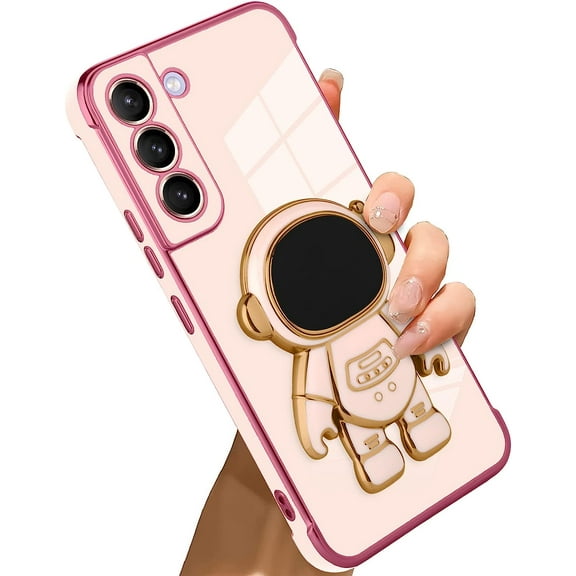 Compatible with Samsung Galaxy S21 Case Astronaut Plating Electroplate Luxury Elegant Case Camera Protector Kickstand Shockproof Protective Corner Back Cover Galaxy S21 Case -Pink