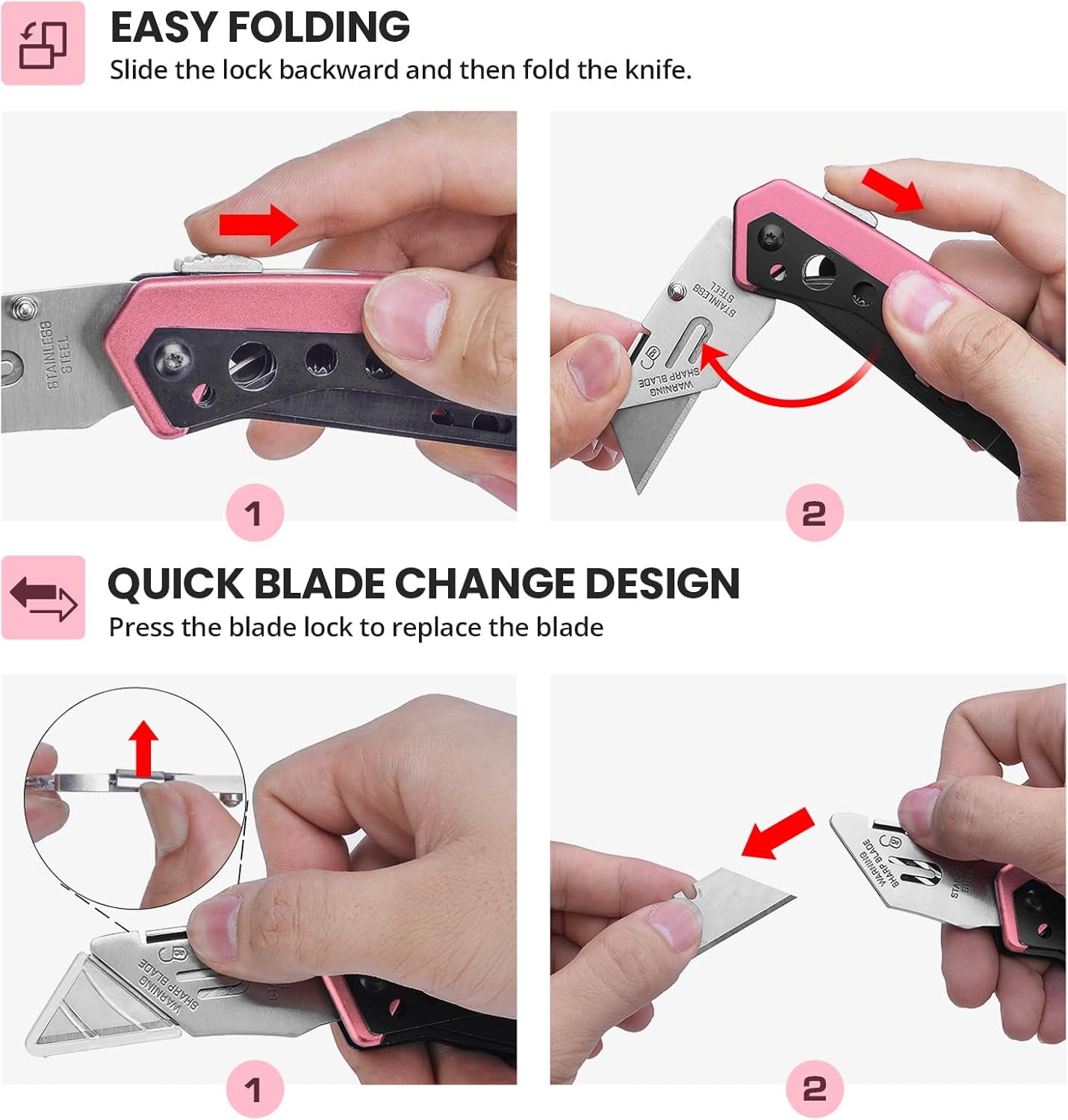RGHJAR-Pink Box Cutter Knife, Folding Utility Knife, 6 in 1 Razor Pocket Utility Knives Multitool with Clip, 5 Razor Blades, Screwdriver, Saw, Safe Lock, Work Knives, EDC Gadgets Gifts for Men Women