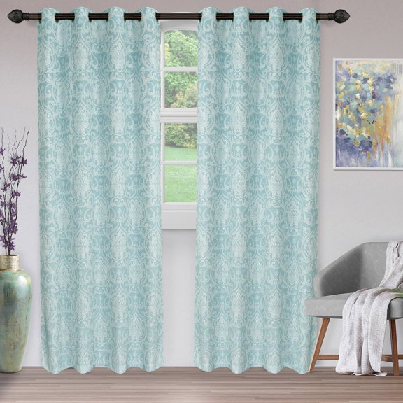 Lotus Light Filtering Floral Damask Jacquard Curtain Set Raindrop / 52"x108"