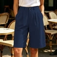 thumbnail image 2 of Women's High Waist Pleated Bermuda Shorts Knee Length Wide Leg Dress Shorts with Pockets Casual office Business Summer Work Pants Navy, 2 of 9