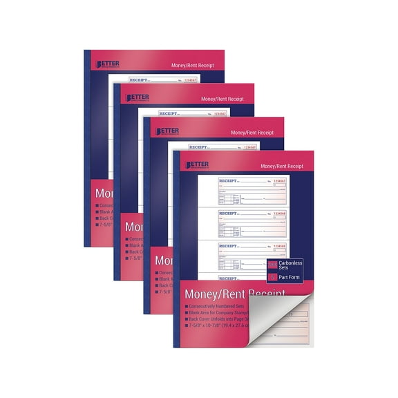 Better Office Products Money/Rent Receipt Book, 200 Sheets, 5-9/16" x 8-7/16", 4 Count