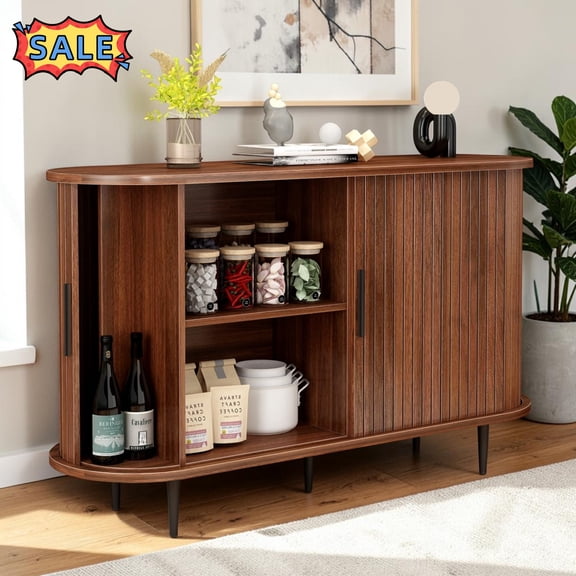 Tcbosik 47 Inch Buffet Sideboard with Sliding Doors, Coffee Bar Cabinet with Adjustable Shelf, Storage Cabinet for Living Room, Dining Room, Walnut