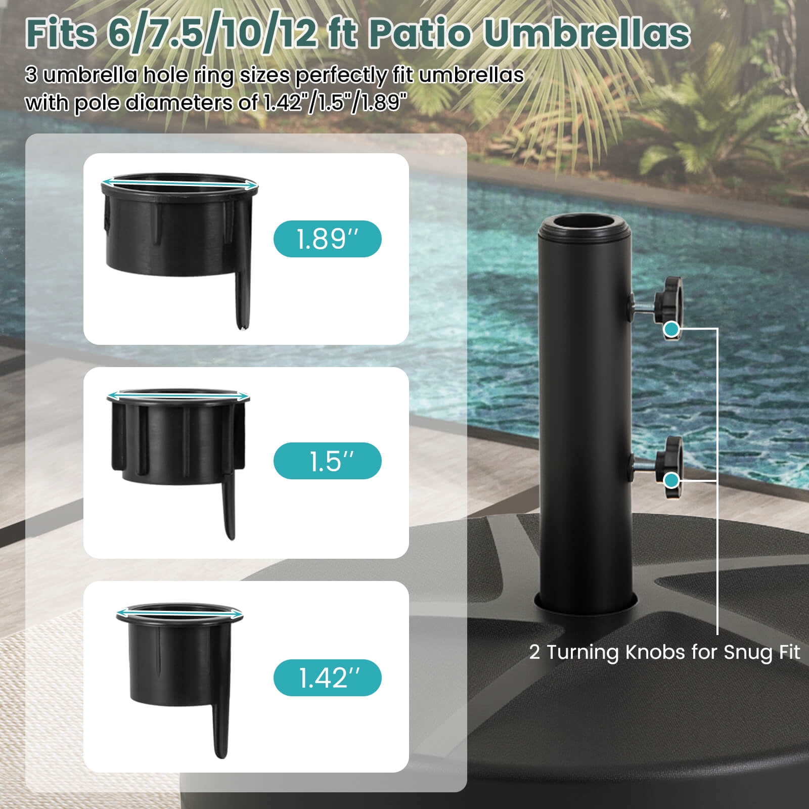 Costway Patio Round Umbrella Base with 2 Adjustable Knobs & 3 Adapters Outdoor for Poolside