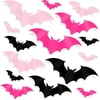 144 Pcs Pink Bats Wall Decor, Halloween 3D Bats Decorations Outside Blush & Black PVC Bat Cutouts Sticky Plastic Pink Decals for Home Indoor Outdoor Window Door Party Supplies
