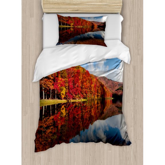 Fall Leaves Duvet Cover Set Twin Size, Scenery of Sherando Lake Recreation Area in George Washington National Forest, Decorative 2 Piece Bedding Set with 1 Pillow Sham, Multicolor, by Ambesonne