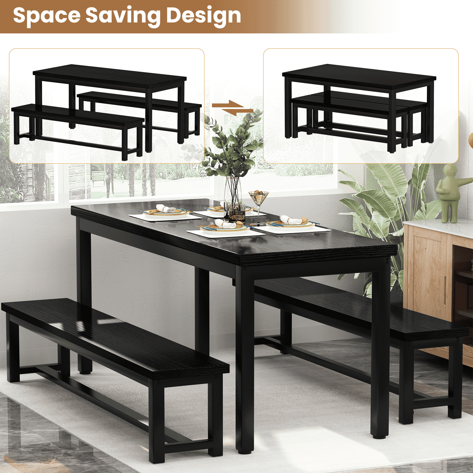 Baxluxe Dining Table Set, Rectangular Dining Table with Bench Set, Dining Table Set for 2-4 for Apartment, Kitchen and Dining Room, Black