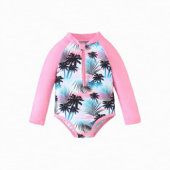 enyan UPF50 Long Sleeve Swimsuit Girls Toddler Kids Rash Guard One Piece Bathing Suit Cute Swimwear Zipper,Pink,1-2 Years