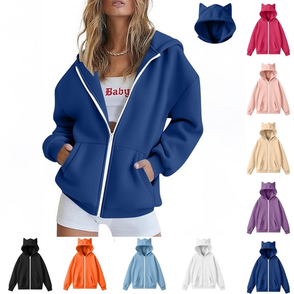 Women's Cute Cat Ear Hooded Zip-Up Sweatshirt, Casual Long Sleeve Jacket With Pockets