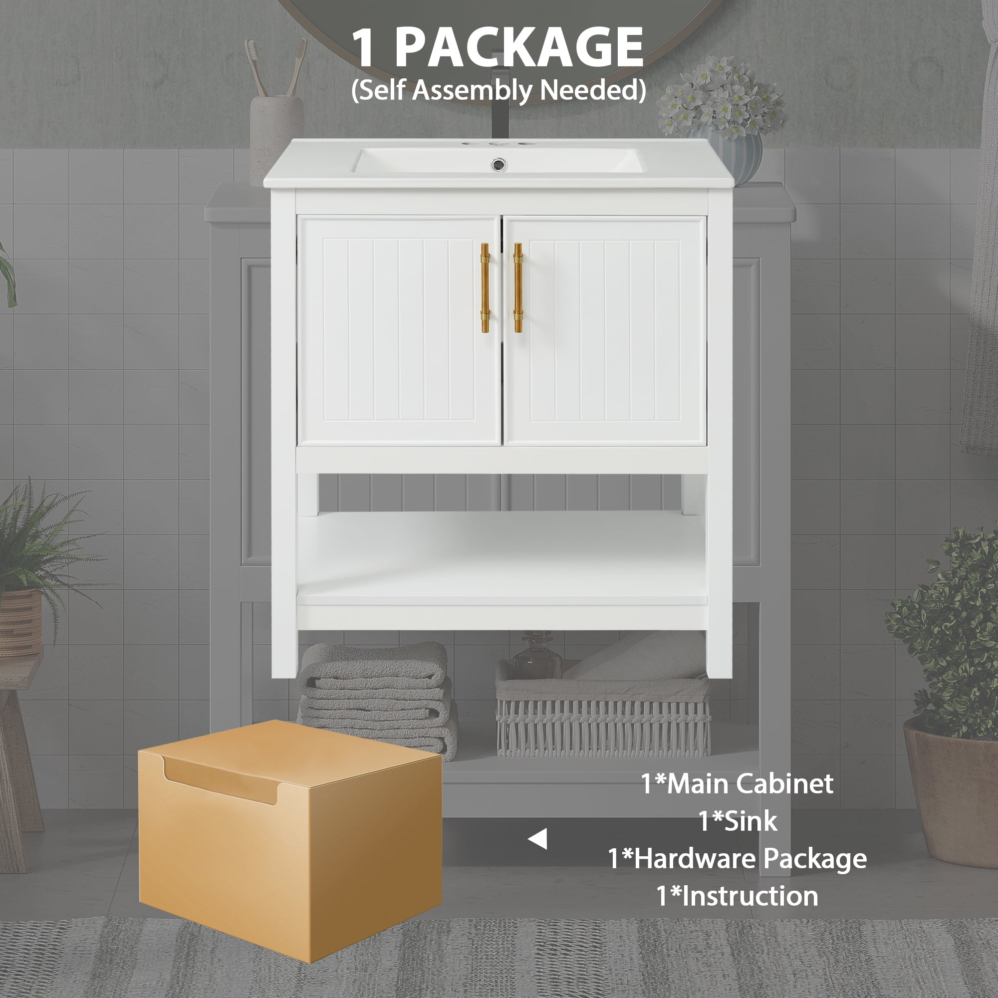 MODERNLUXE 30" Bathroom Vanity with Ceramic Sink, Freestanding Bathroom Sink Cabinet with Bottom Shelf and Versatile Storage,Ideal for Small Bathrooms,White
