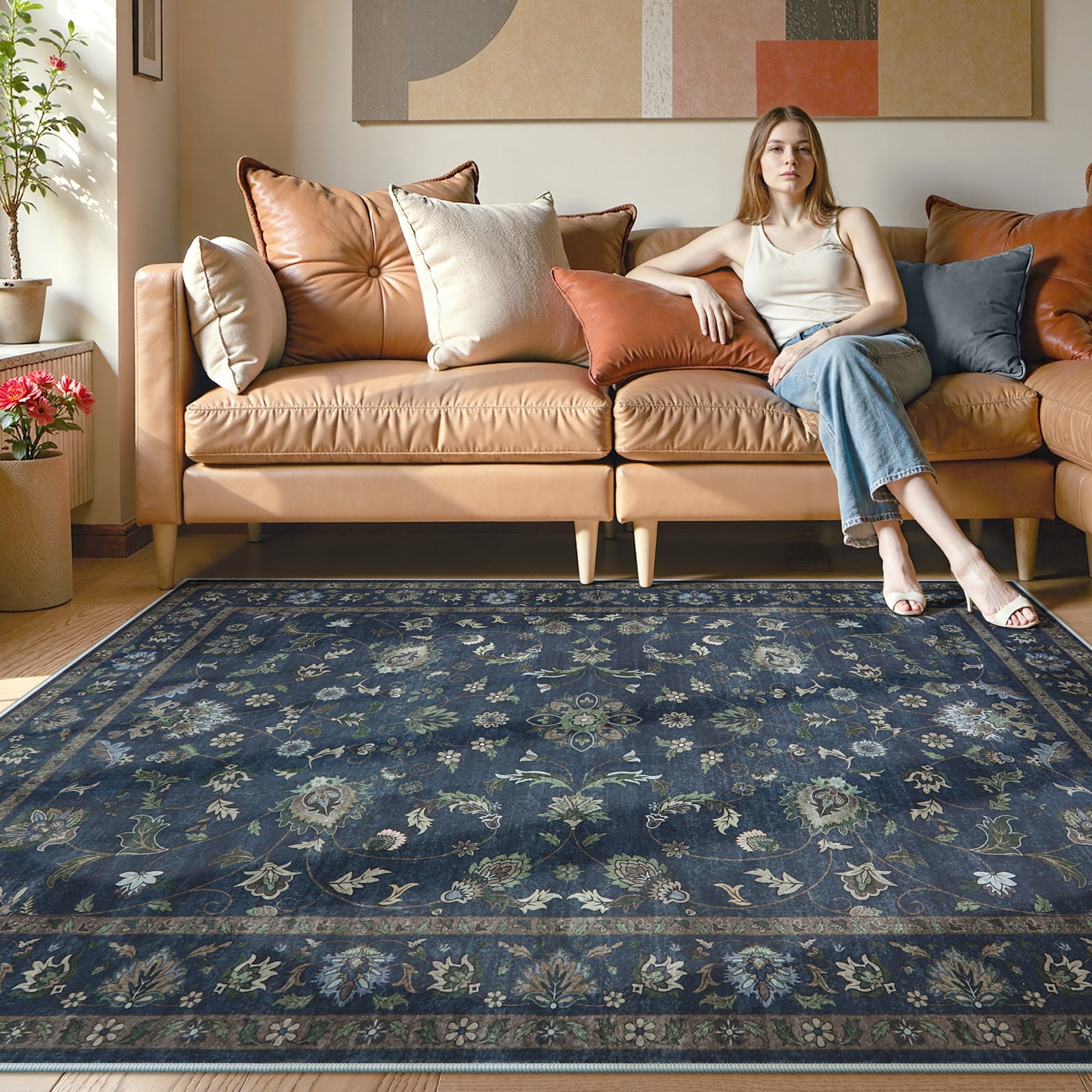 Lahome Decor Floral Area Rug 5x7, Machine Washable Rugs for Entryway, Non Slip Rug with Vintage Printed, Low Pile Carpet for Living Room Kitchen Bedroom Home, Blue