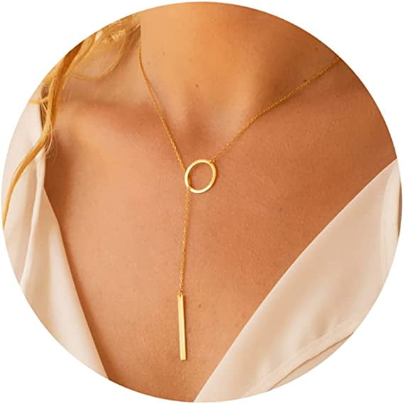 Collar Lariat para mujer, delicados collares largos chapados en oro de 14 quilates con colgante de perlas CZ en forma de corazón, collar con forma de gota de oro simple TUNC Sencillez