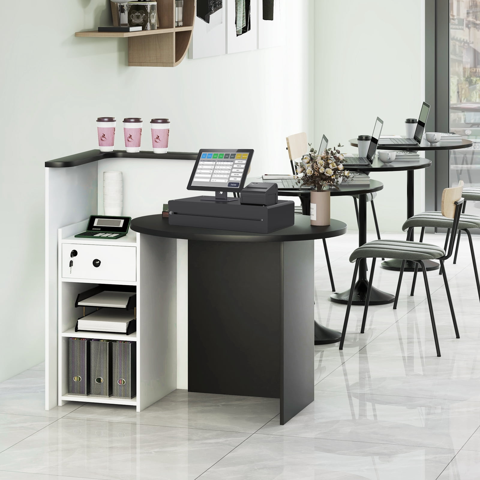 Giantex Reception Desk, Computer Workstation w/Lockable Drawer & Open Shelves, Checkout Counter, Black & White