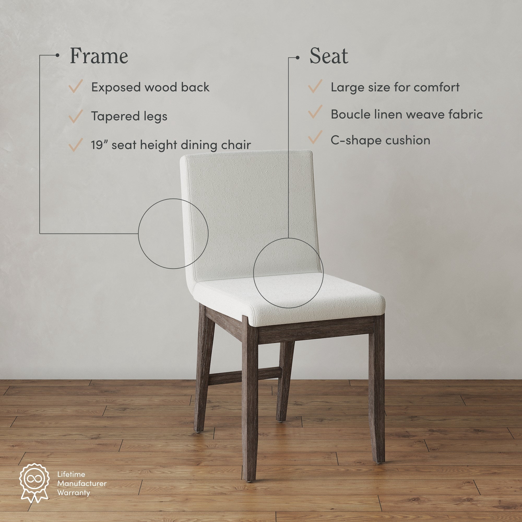 Nathan James Gracie Scandinavian Dining Chair with Cushion, Boucle Dining Chair with Solid Wood Frame, Cream Boucle/Dark Brown